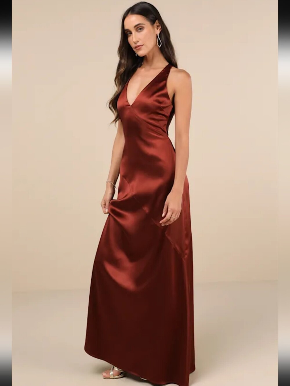 Purely Elegant Rust Brown Satin Twist-Back Maxi Dress Lulus